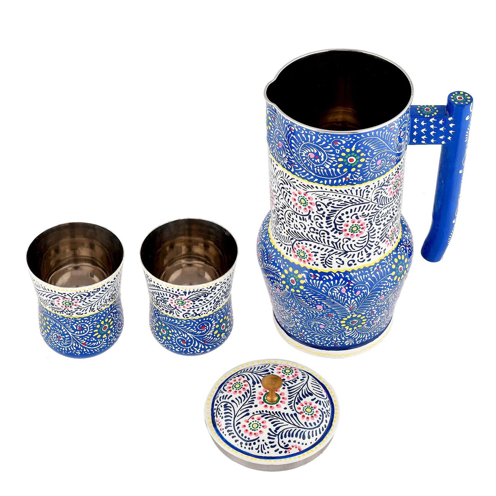 Aluminium Jug Set with 2 Glass Tumblers – 21 cm for kitchen décor ,Table Top , And Home Decoration