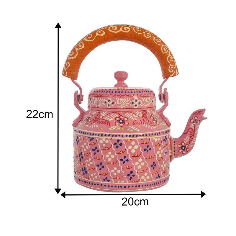 HandPainted Alluminium Pink Tea Kettle with Four Glasses and Wooden Tray For Home Décor , Tea Party , Serving