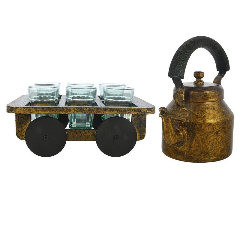 HandPainted Alluminium  Tea Kettle with 6 Glasses and Wooden Tray For Home Décor , Tea Party , Serving