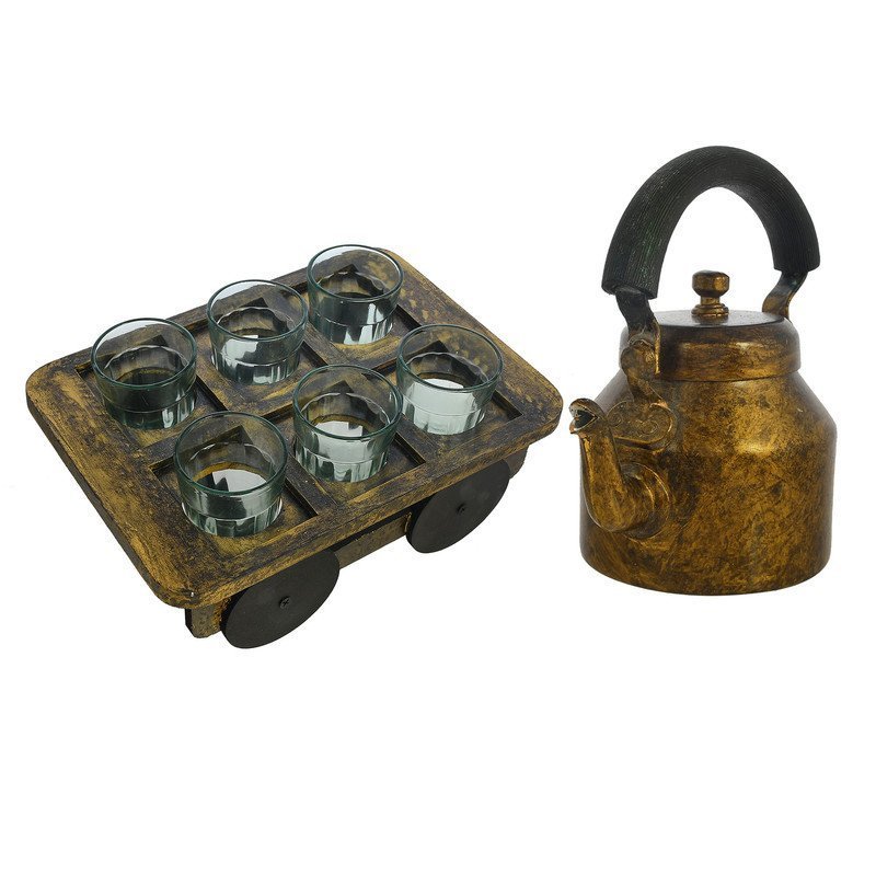 HandPainted Alluminium  Tea Kettle with 6 Glasses and Wooden Tray For Home Décor , Tea Party , Serving