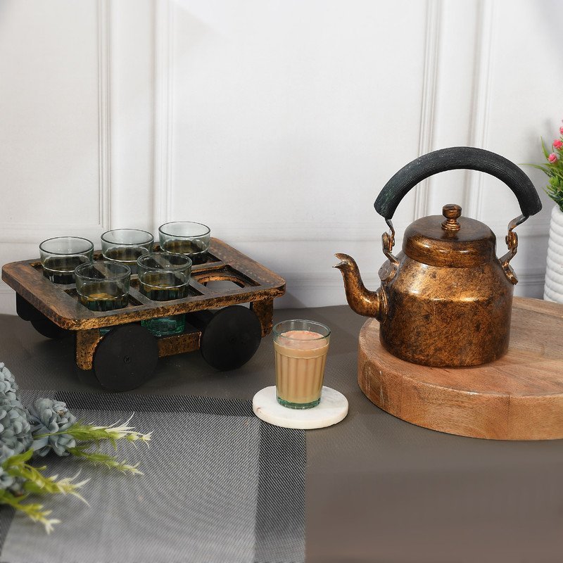 HandPainted Alluminium  Tea Kettle with 6 Glasses and Wooden Tray For Home Décor , Tea Party , Serving