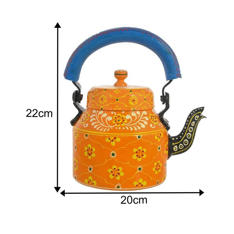HandPainted Alluminium  Tea Kettle with 6 Glasses and Wooden Tray For Home Décor , Tea Party , Serving