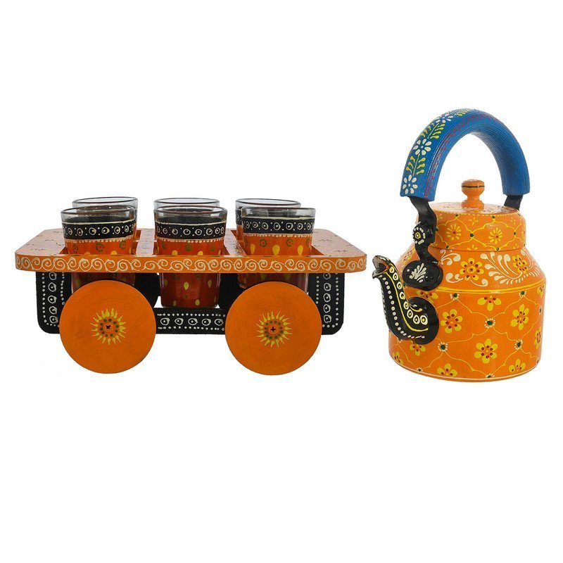 HandPainted Alluminium  Tea Kettle with 6 Glasses and Wooden Tray For Home Décor , Tea Party , Serving