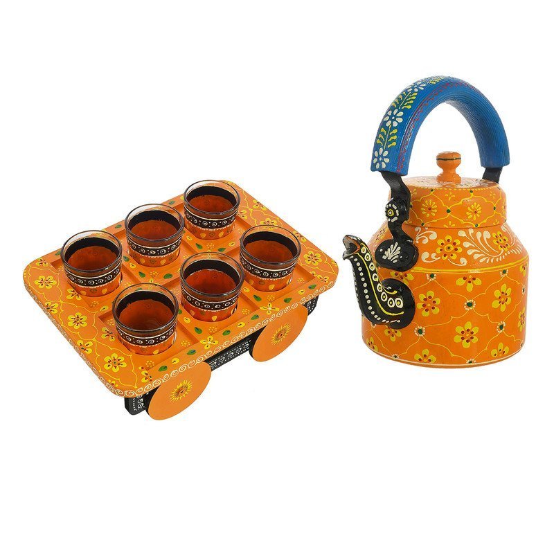 HandPainted Alluminium  Tea Kettle with 6 Glasses and Wooden Tray For Home Décor , Tea Party , Serving