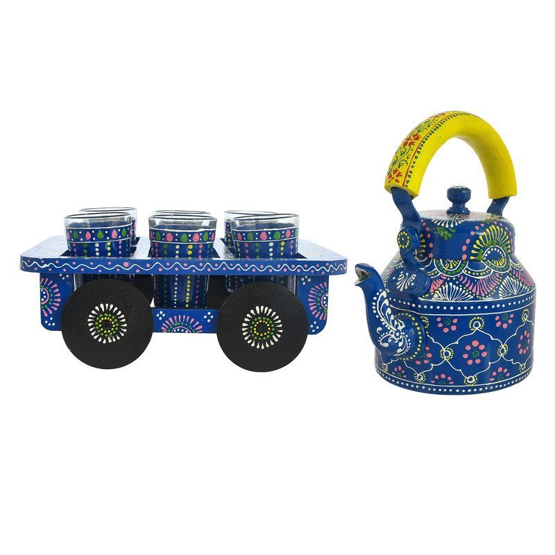 HandPainted Alluminium  Tea Kettle with 6 Glasses and Wooden Tray For Home Décor , Tea Party , Serving
