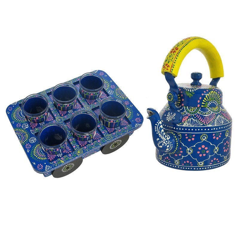 HandPainted Alluminium  Tea Kettle with 6 Glasses and Wooden Tray For Home Décor , Tea Party , Serving