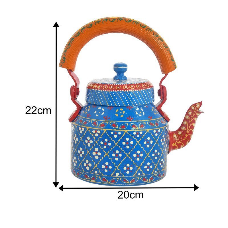 HandPainted Alluminium  Tea Kettle with 6 Glasses and Wooden Tray For Home Décor , Tea Party , Serving