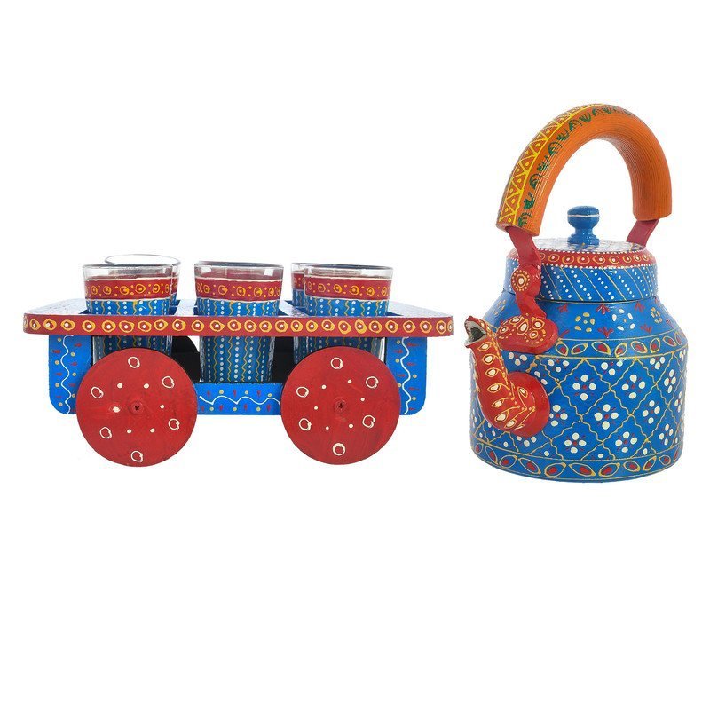 HandPainted Alluminium  Tea Kettle with 6 Glasses and Wooden Tray For Home Décor , Tea Party , Serving