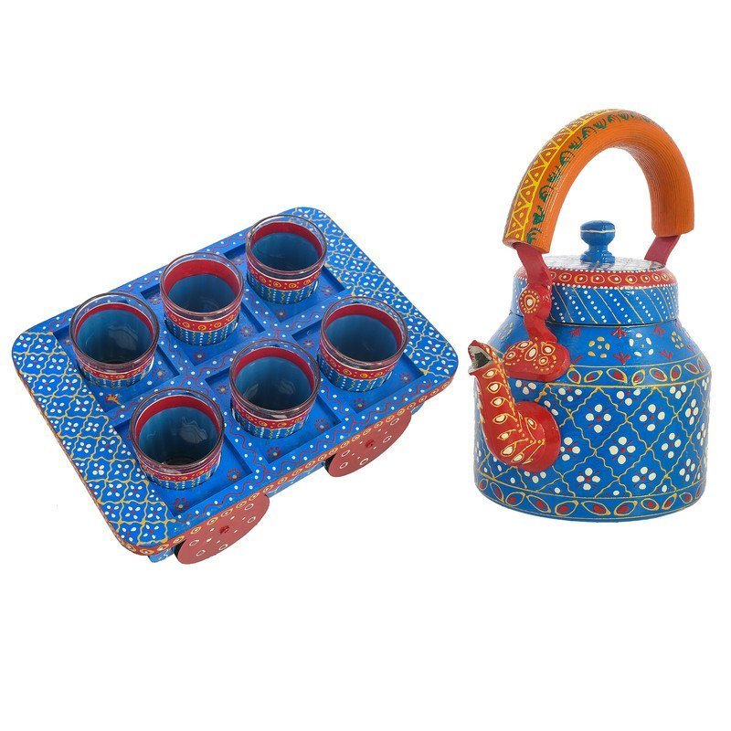 HandPainted Alluminium  Tea Kettle with 6 Glasses and Wooden Tray For Home Décor , Tea Party , Serving