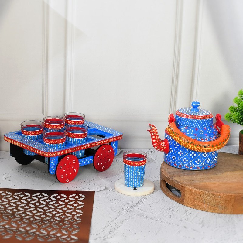 HandPainted Alluminium  Tea Kettle with 6 Glasses and Wooden Tray For Home Décor , Tea Party , Serving