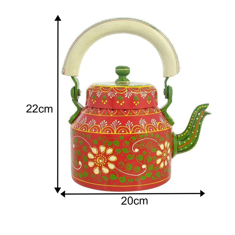 HandPainted Alluminium  Tea Kettle with 6 Glasses and Wooden Tray For Home Décor , Tea Party , Serving