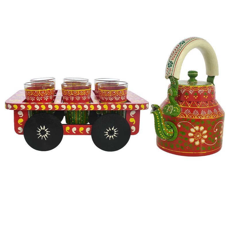 HandPainted Alluminium  Tea Kettle with 6 Glasses and Wooden Tray For Home Décor , Tea Party , Serving