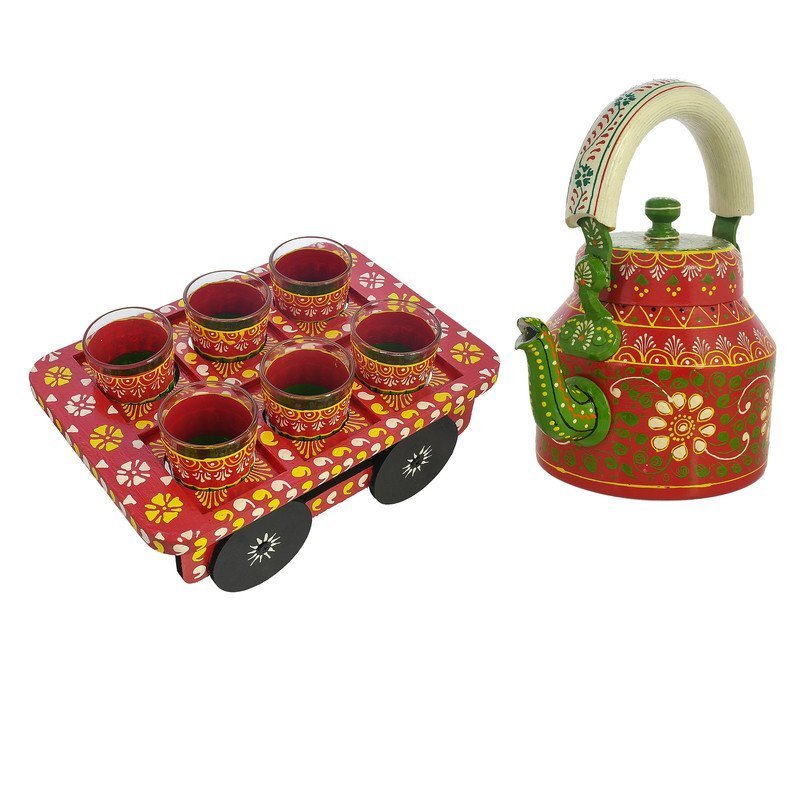 HandPainted Alluminium  Tea Kettle with 6 Glasses and Wooden Tray For Home Décor , Tea Party , Serving