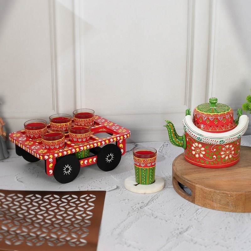 HandPainted Alluminium  Tea Kettle with 6 Glasses and Wooden Tray For Home Décor , Tea Party , Serving