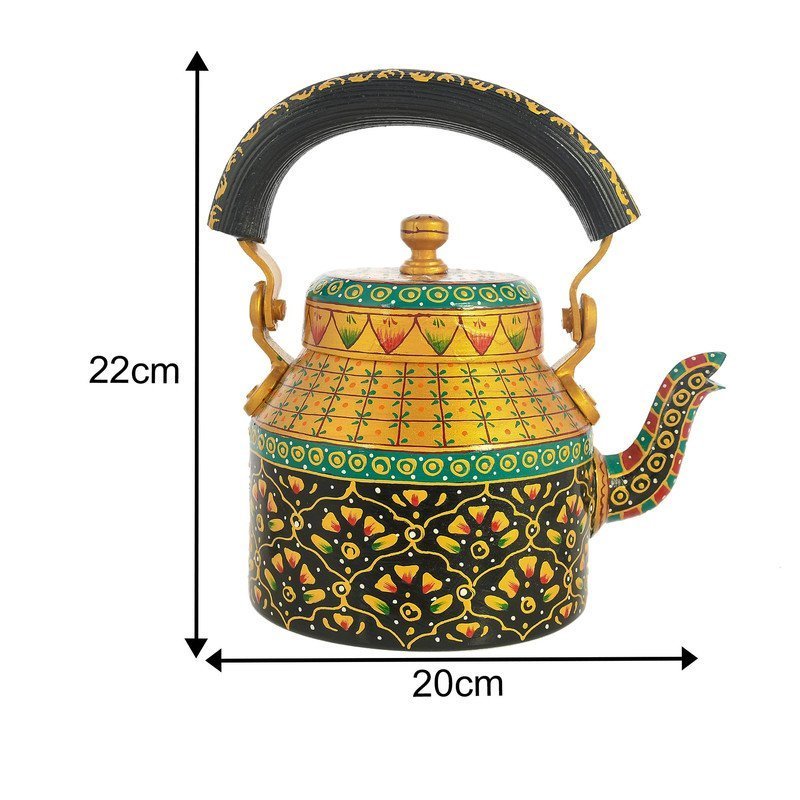 HandPainted Alluminium  Tea Kettle with Four Glasses and Wooden Tray For Home Décor , Tea Party , Serving