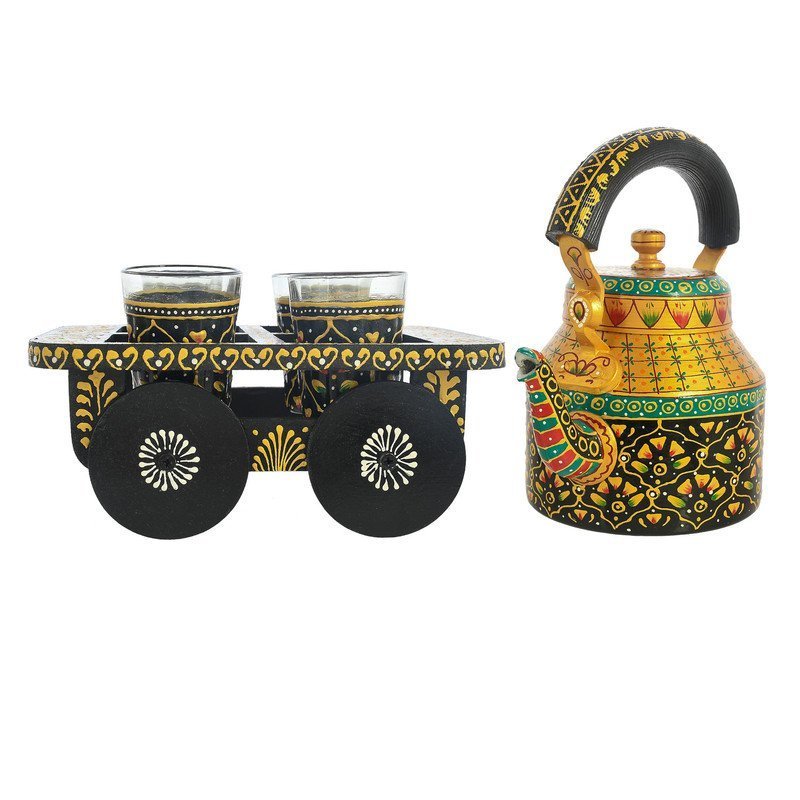 HandPainted Alluminium  Tea Kettle with Four Glasses and Wooden Tray For Home Décor , Tea Party , Serving