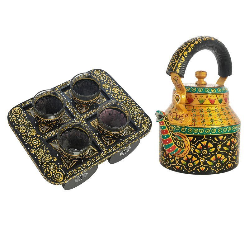 HandPainted Alluminium  Tea Kettle with Four Glasses and Wooden Tray For Home Décor , Tea Party , Serving