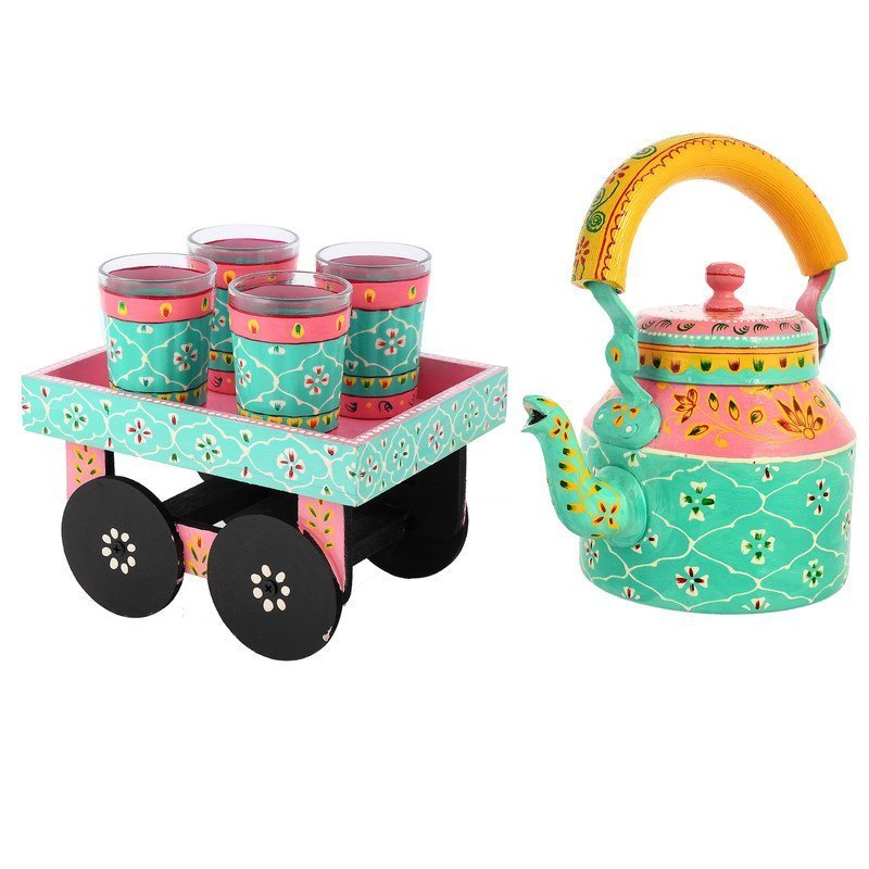 HandPainted Alluminium  Tea Kettle with Four Glasses and Wooden Tray For Home Décor , Tea Party , Serving