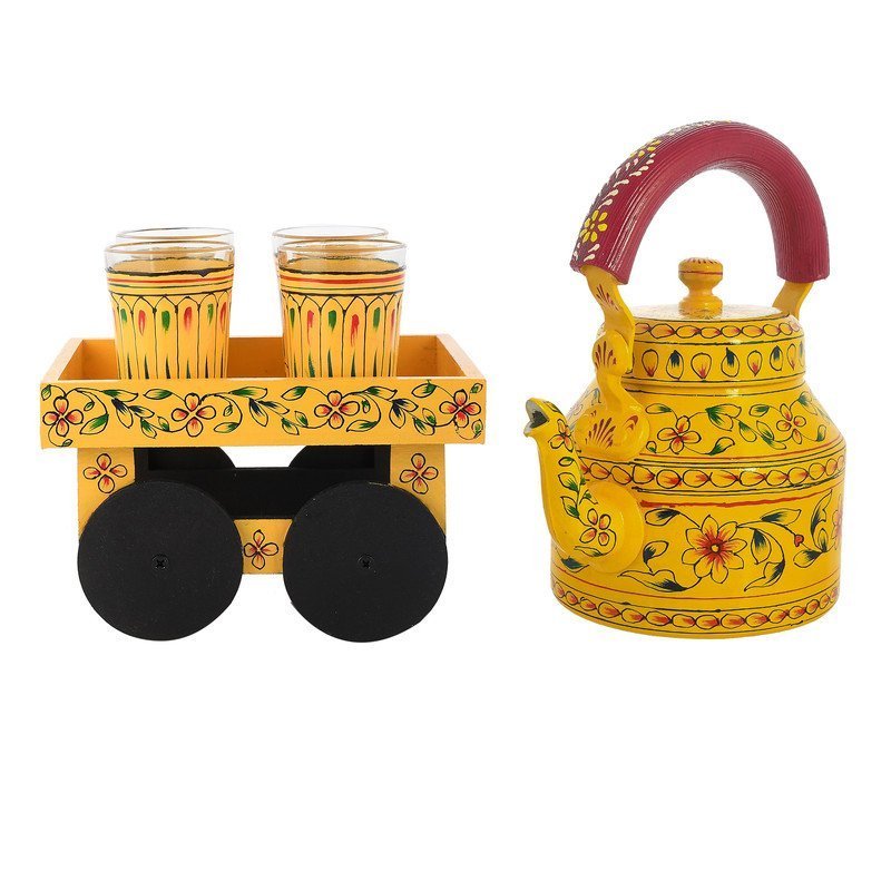 HandPainted Alluminium  Tea Kettle with Four Glasses and Wooden Tray For Home Décor , Tea Party , Serving