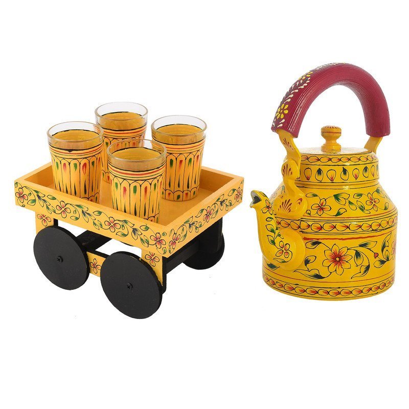 HandPainted Alluminium  Tea Kettle with Four Glasses and Wooden Tray For Home Décor , Tea Party , Serving