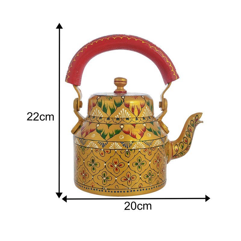 HandPainted Alluminium  Tea Kettle with Four Glasses and Wooden Tray For Home Décor , Tea Party , Serving