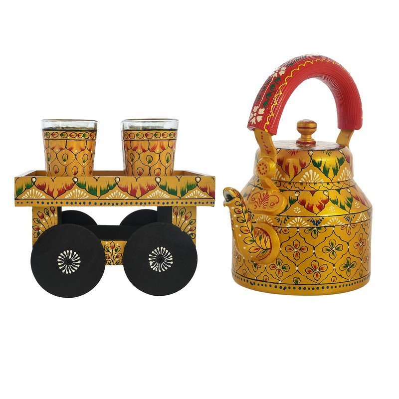 HandPainted Alluminium  Tea Kettle with Four Glasses and Wooden Tray For Home Décor , Tea Party , Serving