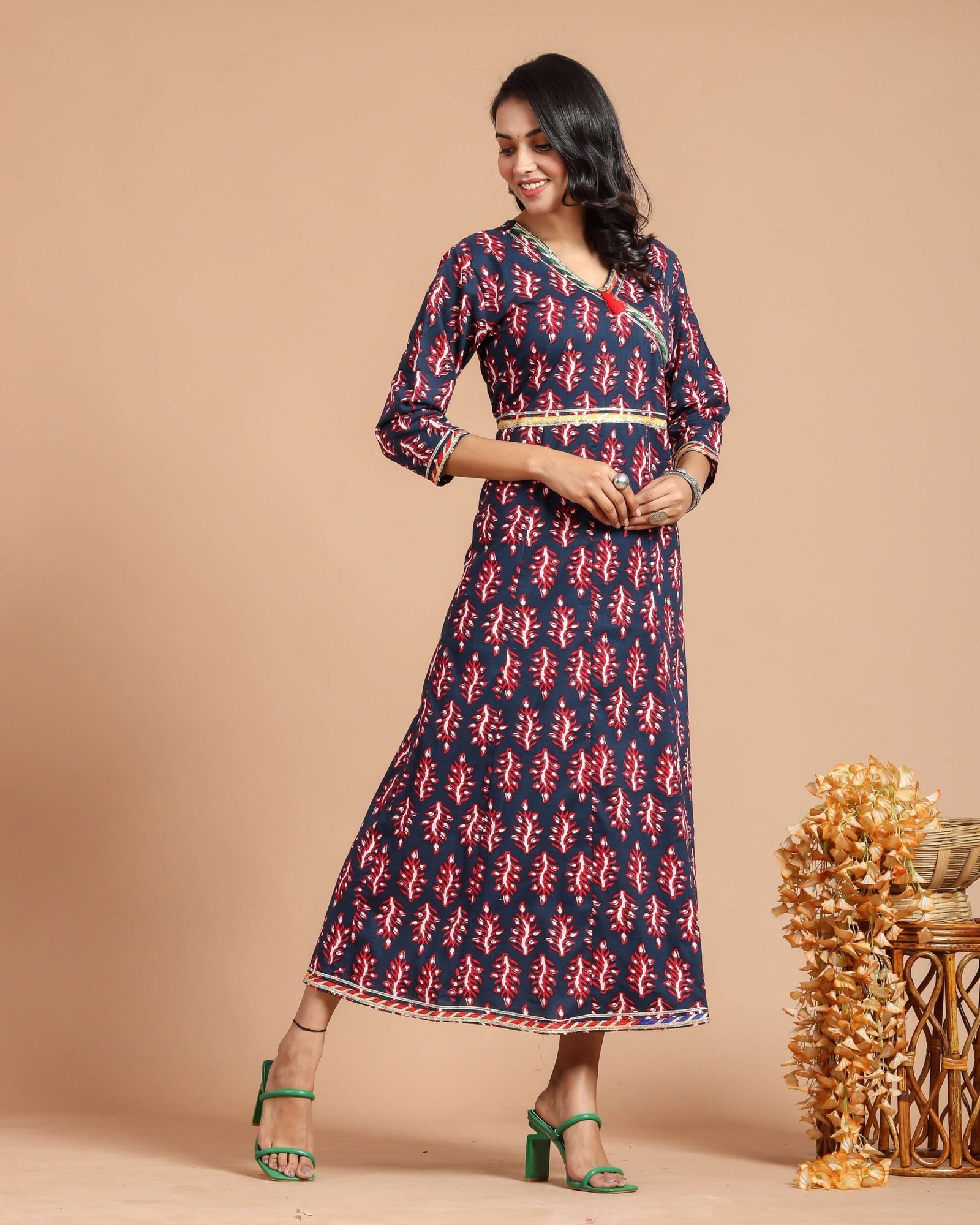 Navy Blue Printed Anarkali Maxi Dress with Wrap Style V-Neck & 3/4 Sleeves