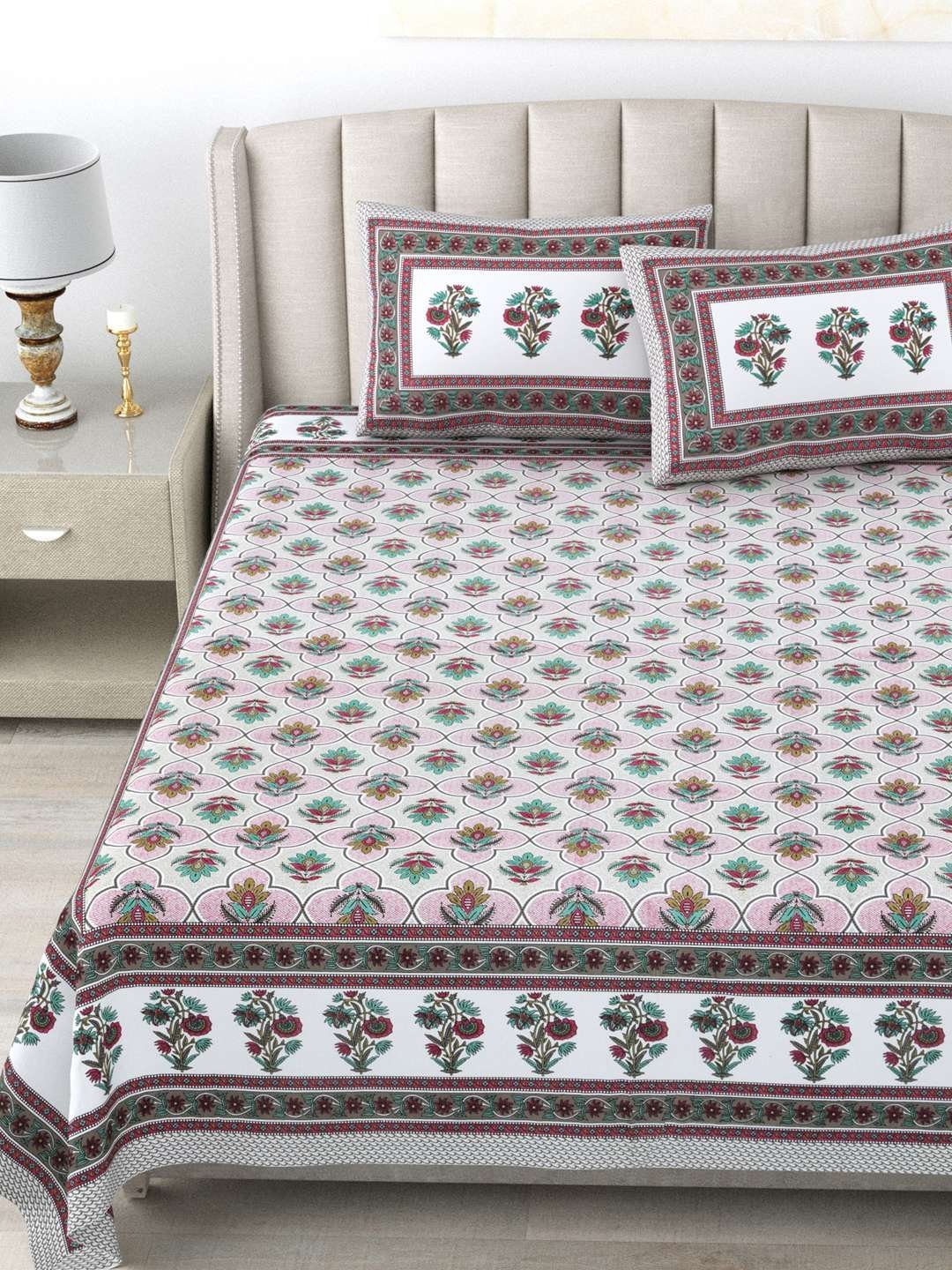 100% Pure Cotton Traditional  Printed Bedsheet for Double Bed King Size Bedsheet with 2 Pillow Covers