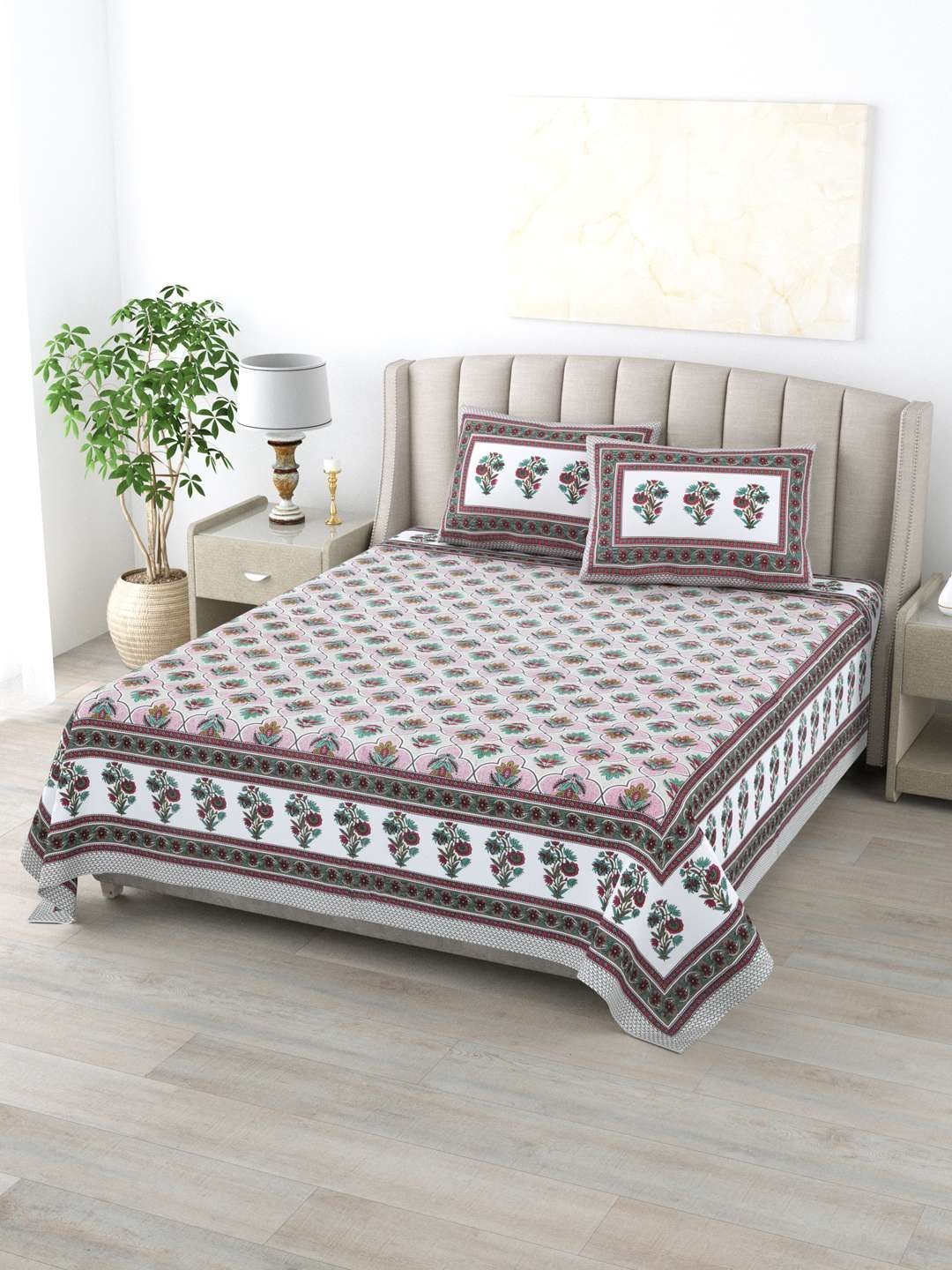 100% Pure Cotton Traditional  Printed Bedsheet for Double Bed King Size Bedsheet with 2 Pillow Covers