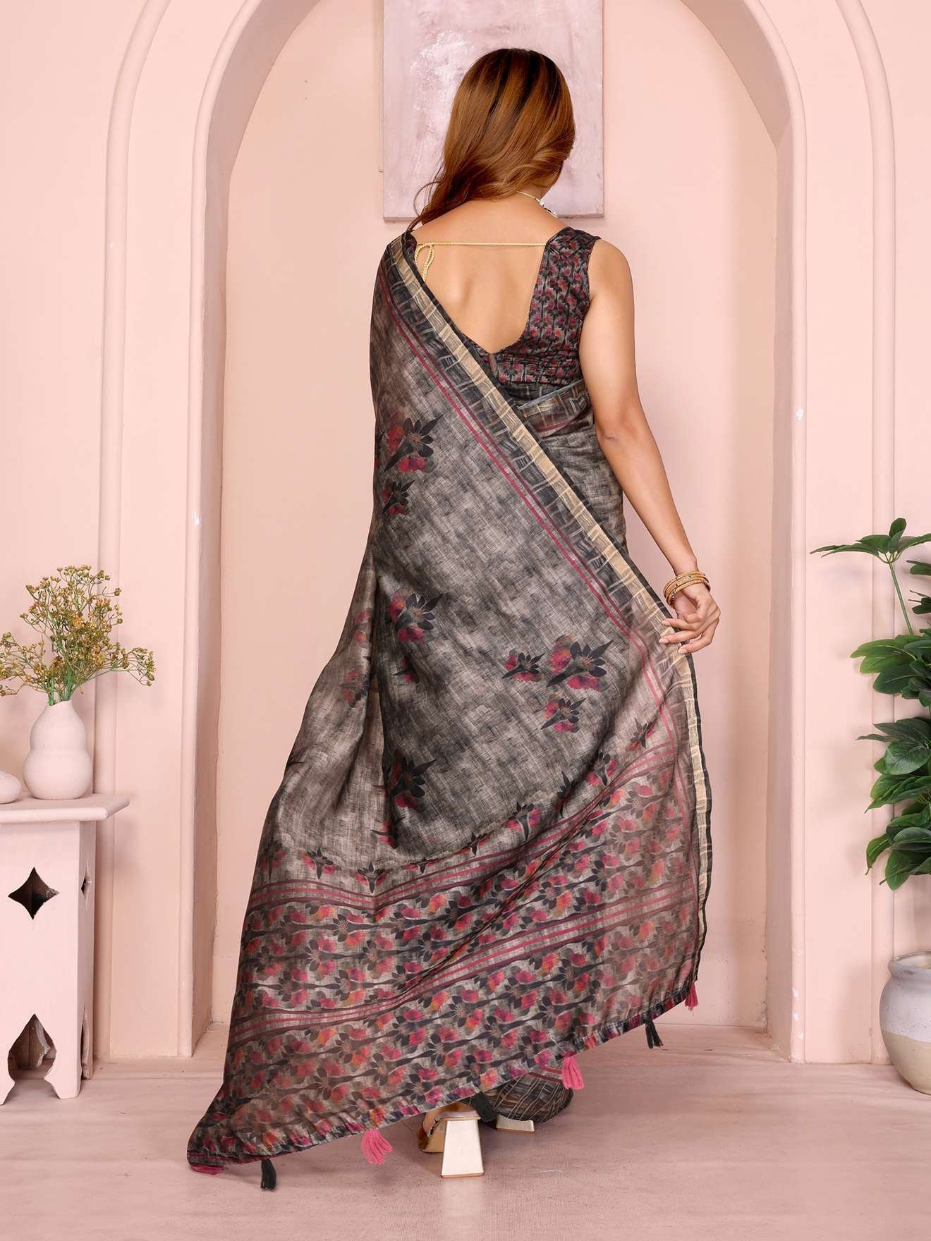 Grey & Black Floral Black Chanderi Saree ? Elegant Digital Prints with Golden Woven Border