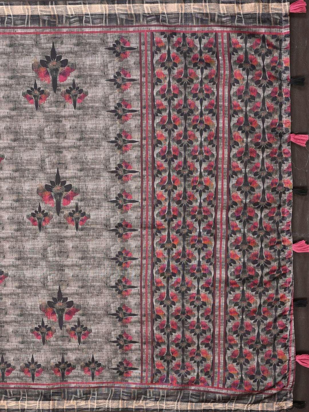 Grey & Black Floral Black Chanderi Saree ? Elegant Digital Prints with Golden Woven Border