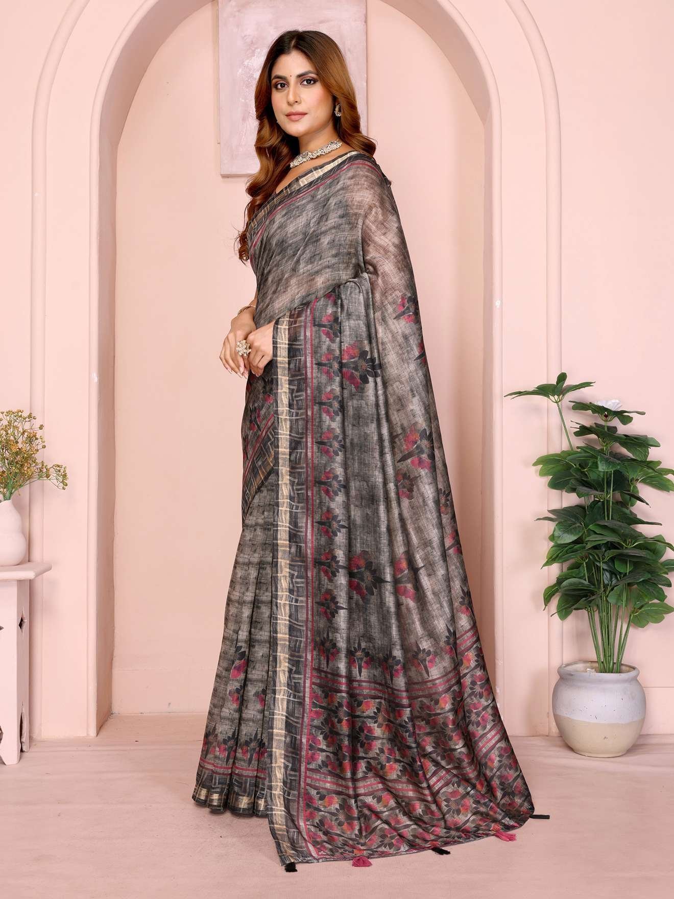 Grey & Black Floral Black Chanderi Saree ? Elegant Digital Prints with Golden Woven Border