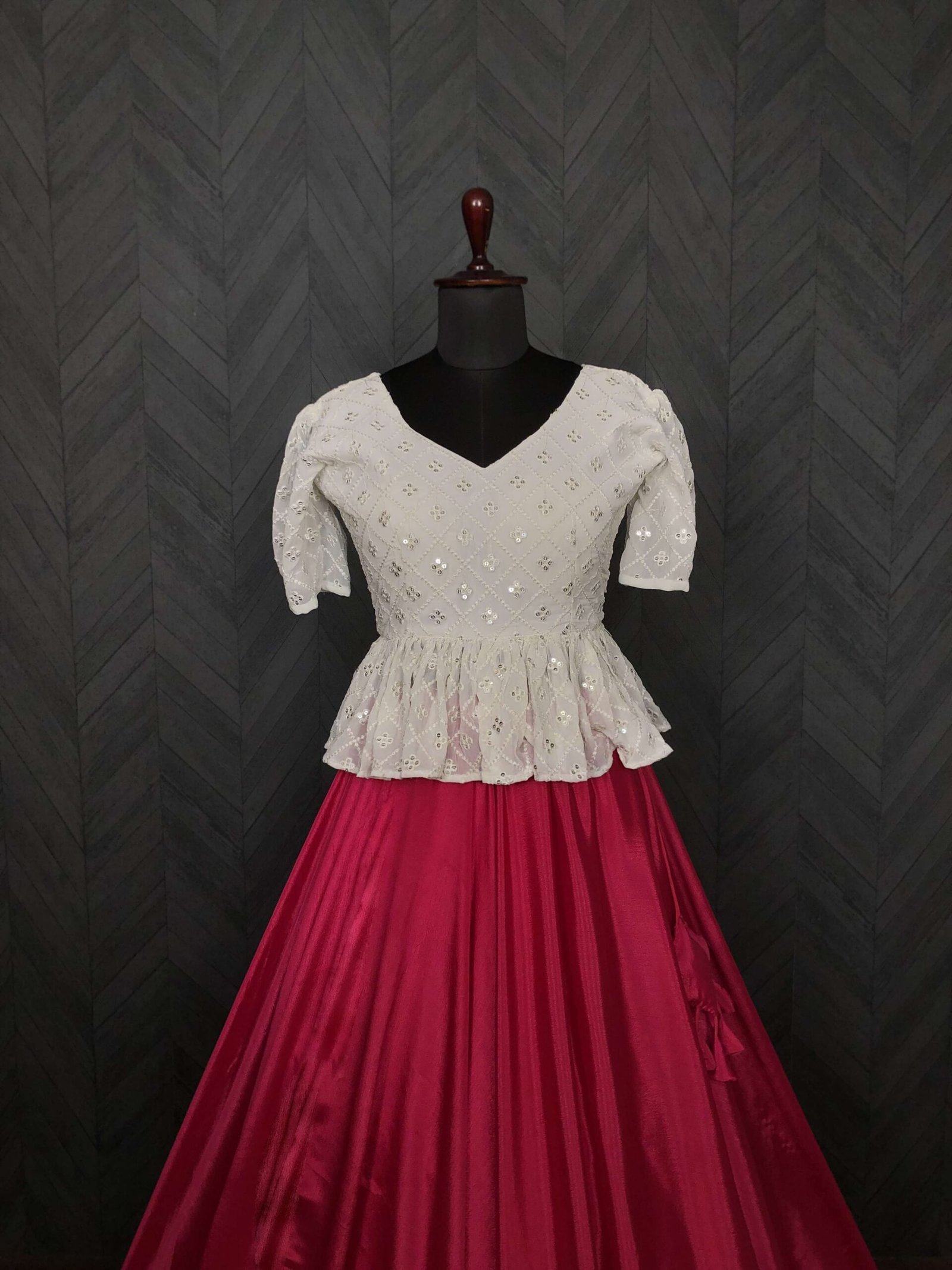Premium Chinnon Umbrella Flair Lehenga with Chikankari Embroidered Peplum Blouse