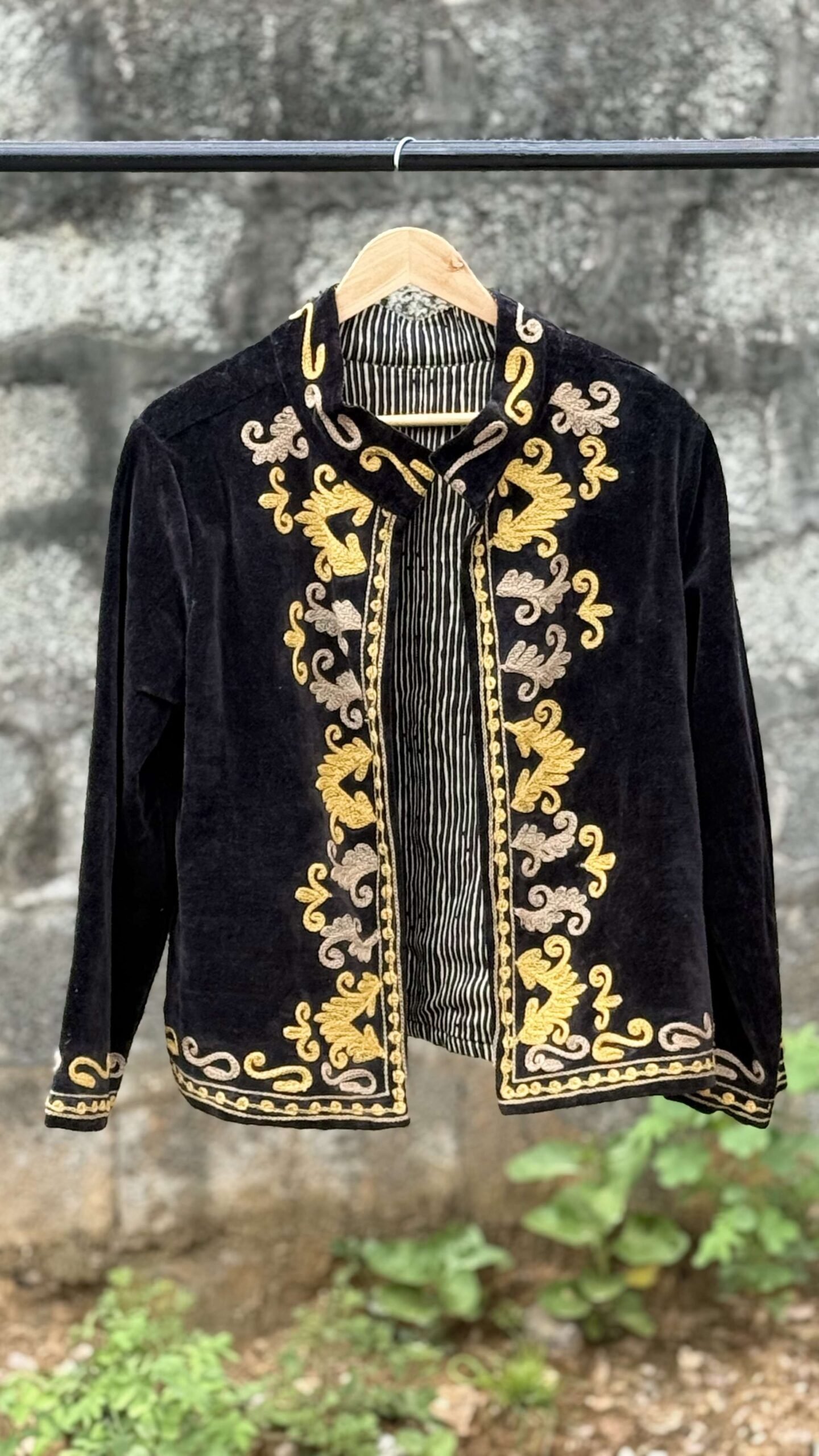 Womens Black Velvet Embroidered Jacket with Floral Design
