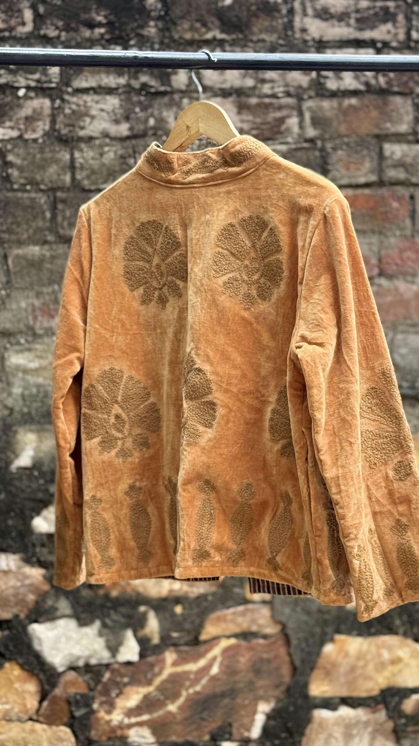 Womens Gold Velvet Embroidered Jacket with Floral Design