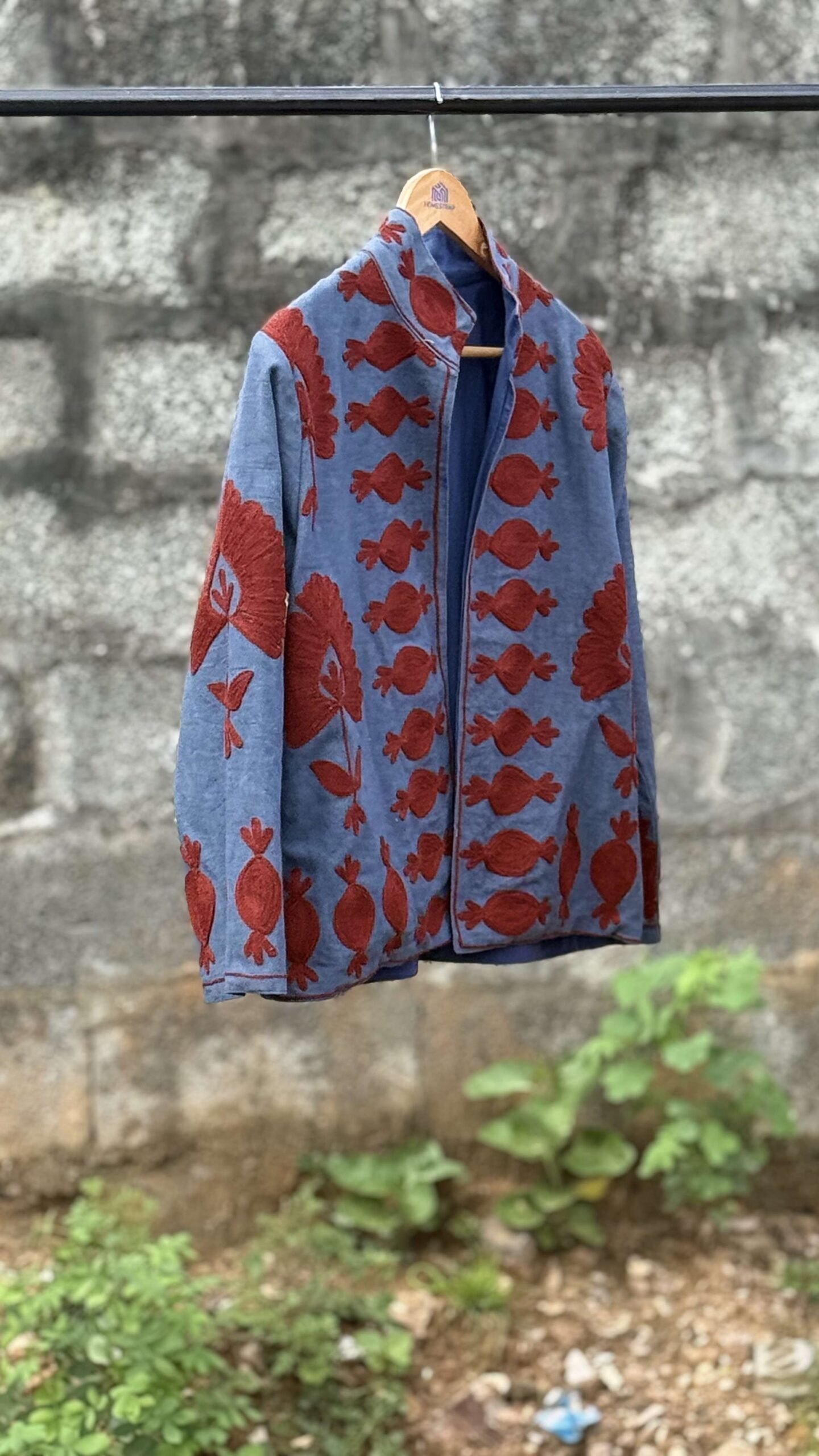 Womens Light Blue Velvet Embroidered Jacket with Floral Design