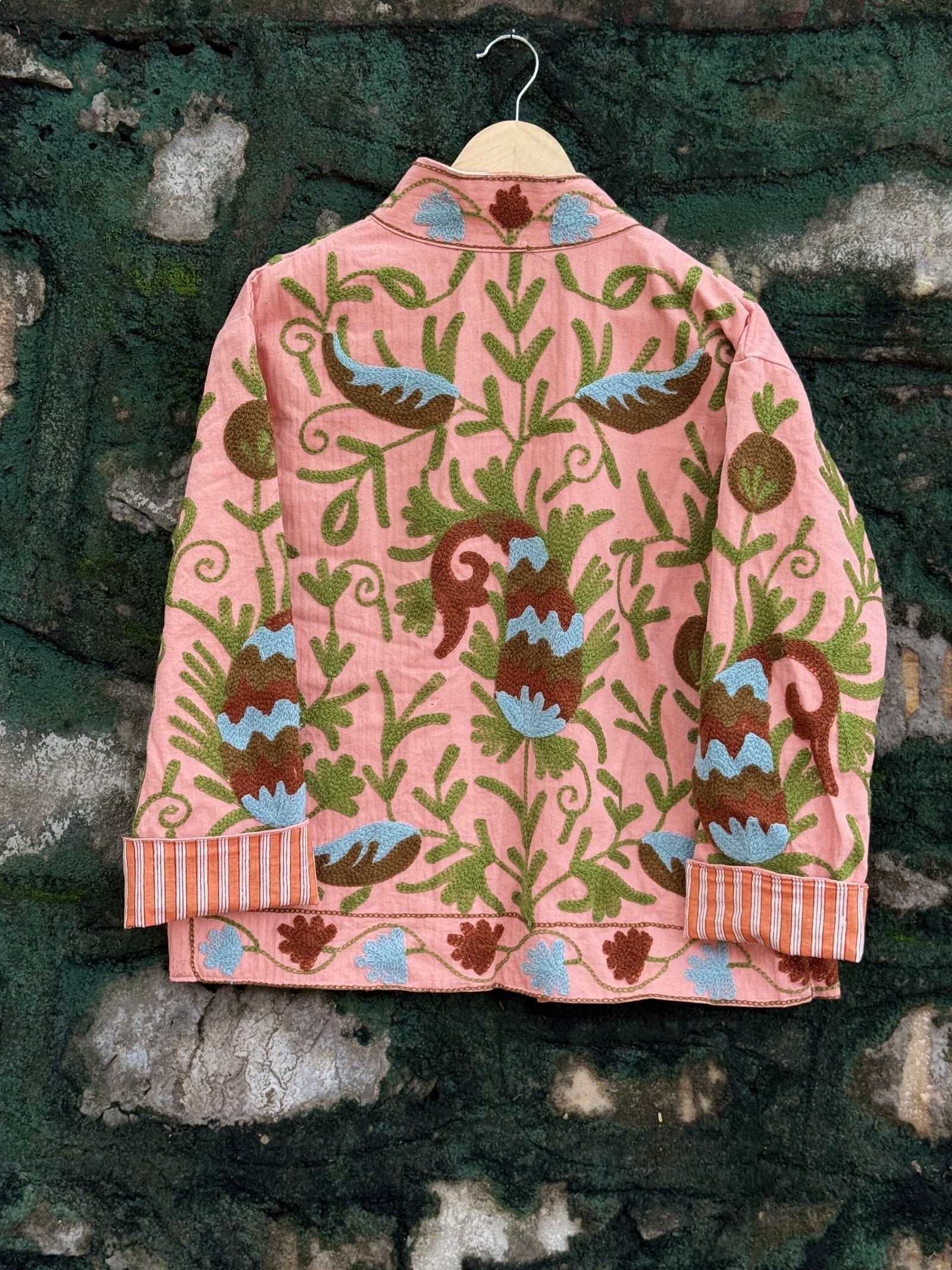 Womens Light Pink Velvet Embroidered Jacket with Floral Design view 4