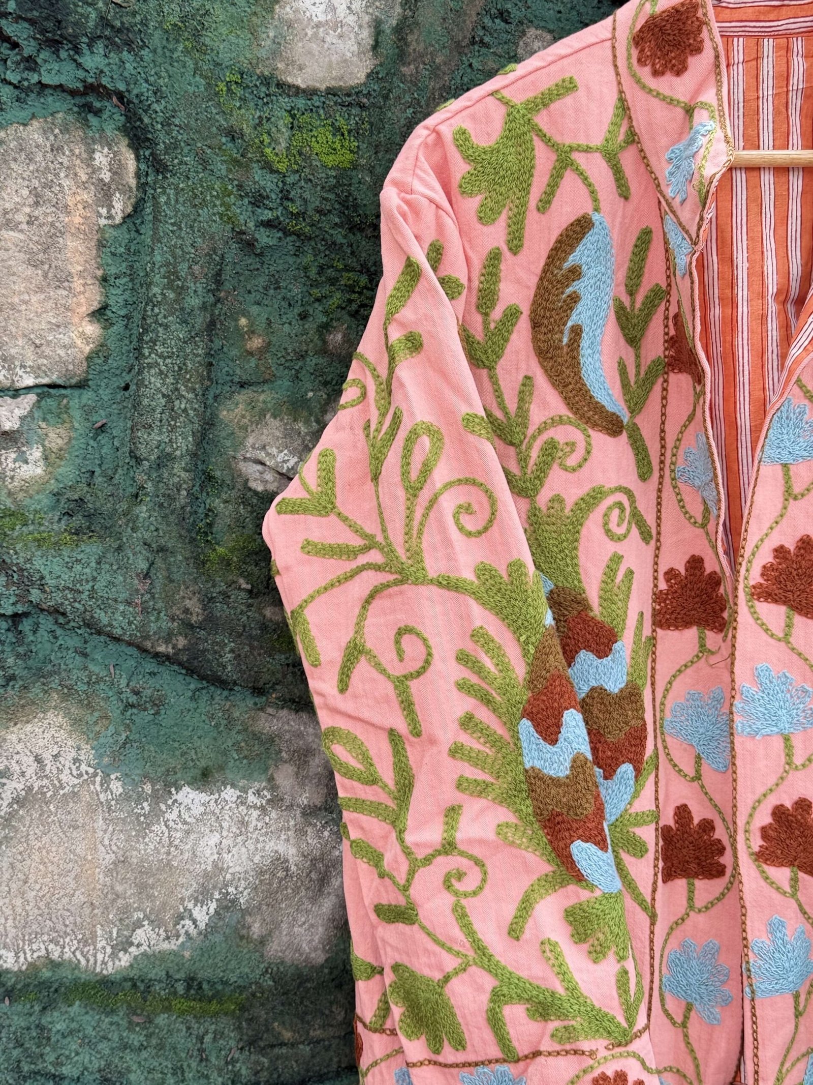 Womens Light Pink Velvet Embroidered Jacket with Floral Design view 5