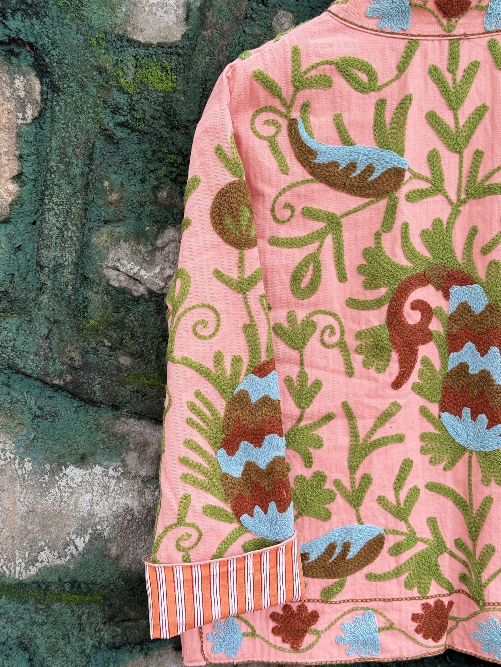 Womens Light Pink Velvet Embroidered Jacket with Floral Design view 6