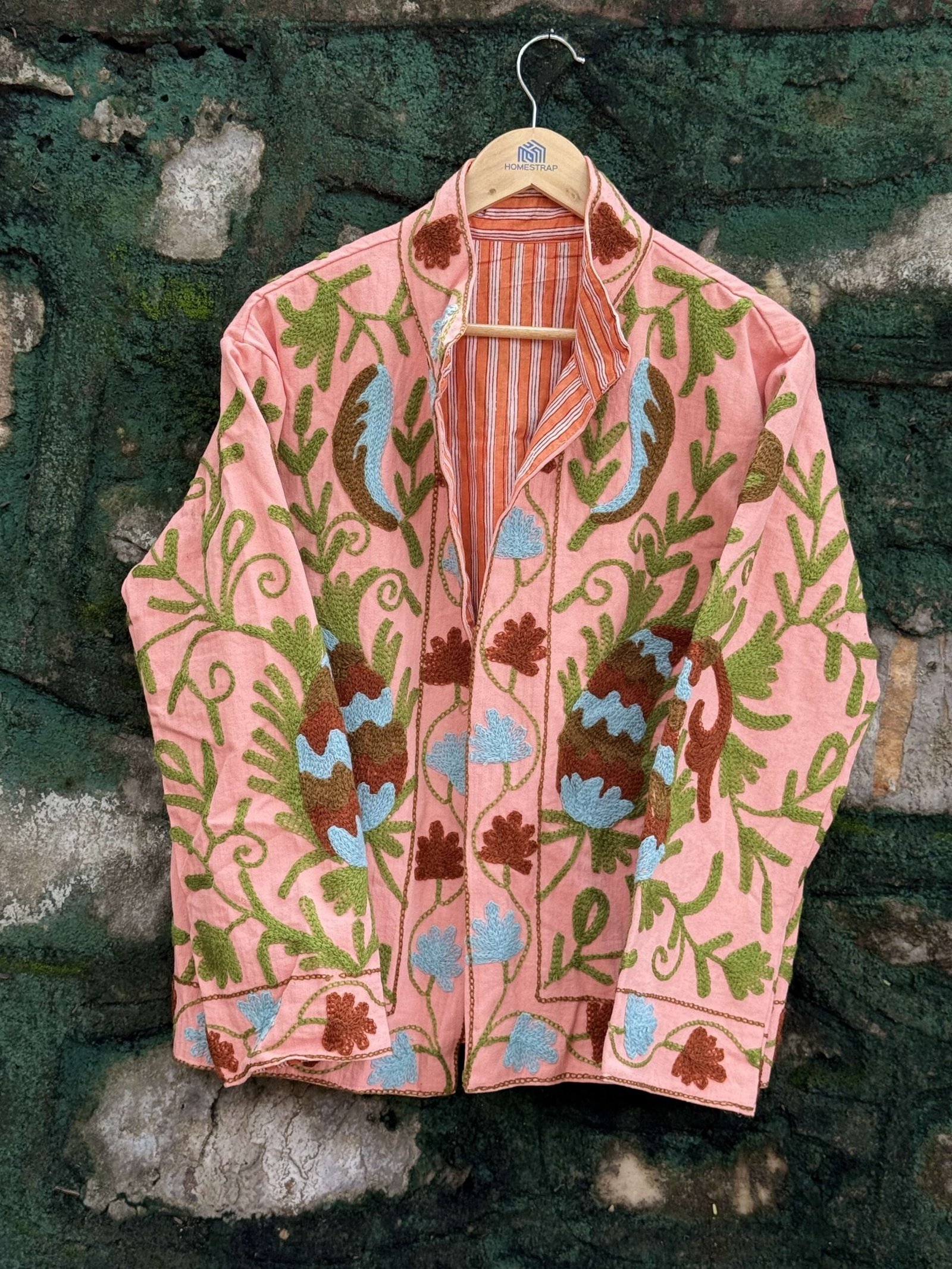 Womens Light Pink Velvet Embroidered Jacket with Floral Design view 2