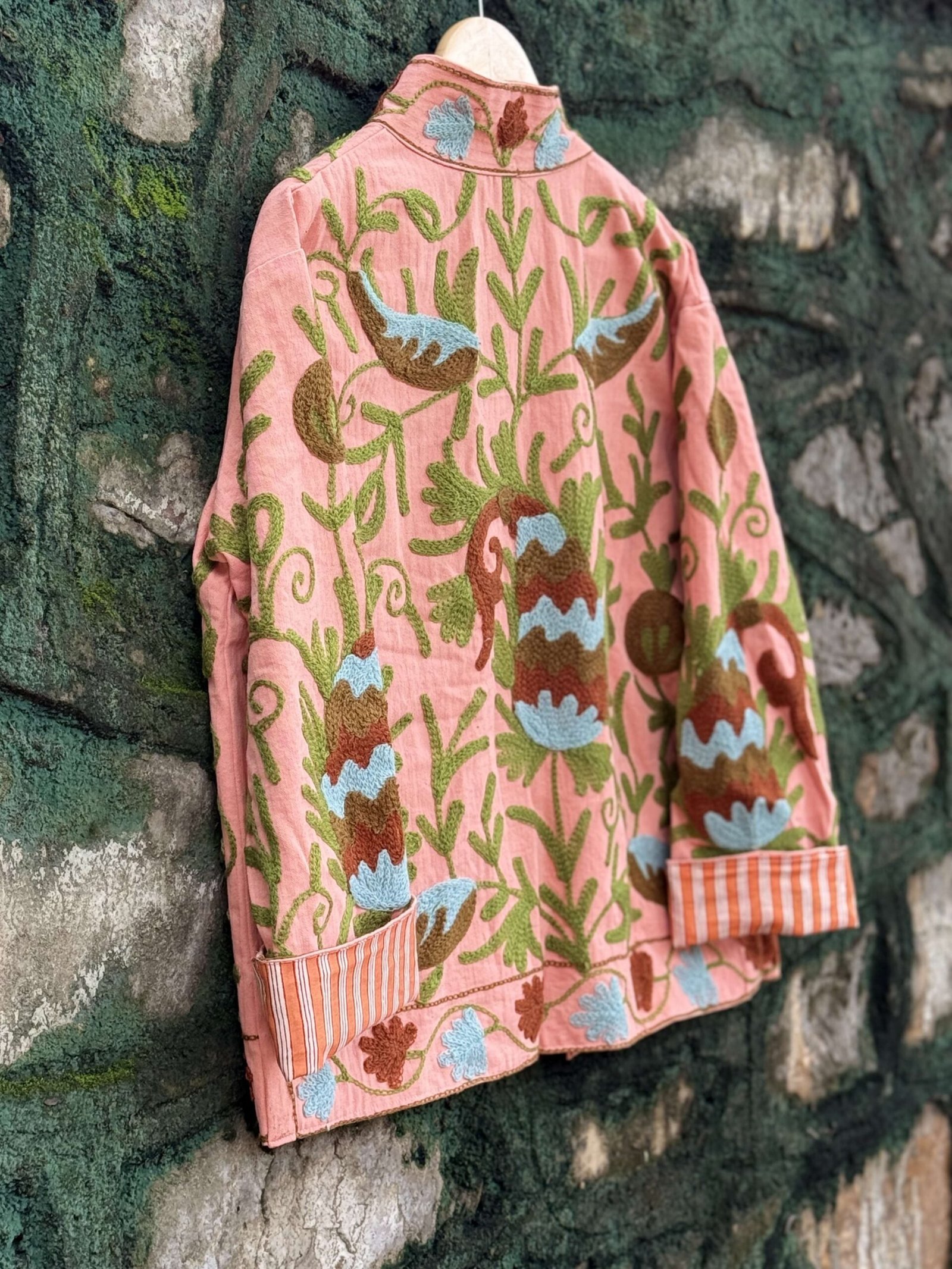 Womens Light Pink Velvet Embroidered Jacket with Floral Design view 3