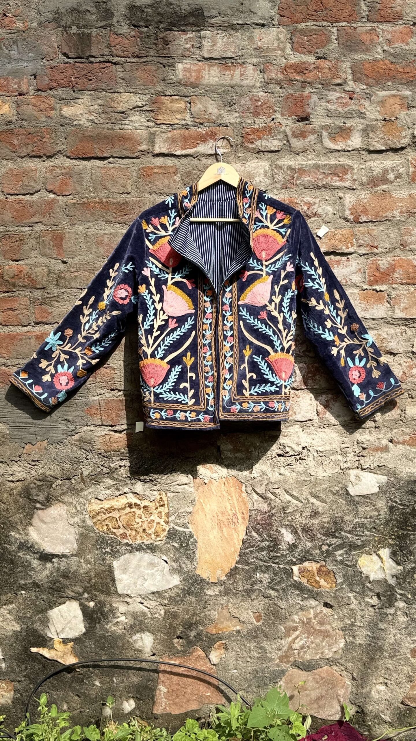 Womens Navy Blue Velvet Embroidered Jacket with Floral Design
