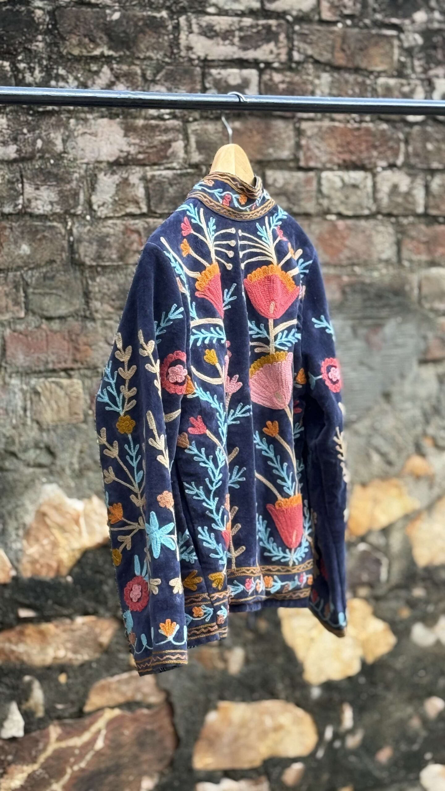 Womens Navy Blue Velvet Embroidered Jacket with Floral Design