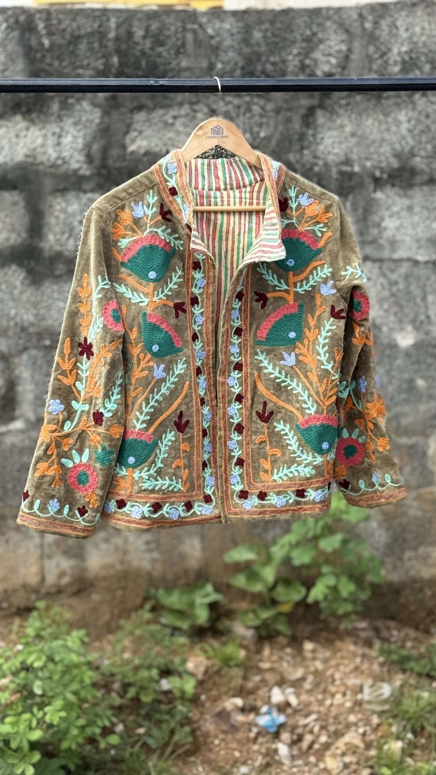 Womens Olive Green Velvet Embroidered Jacket with Floral Design
