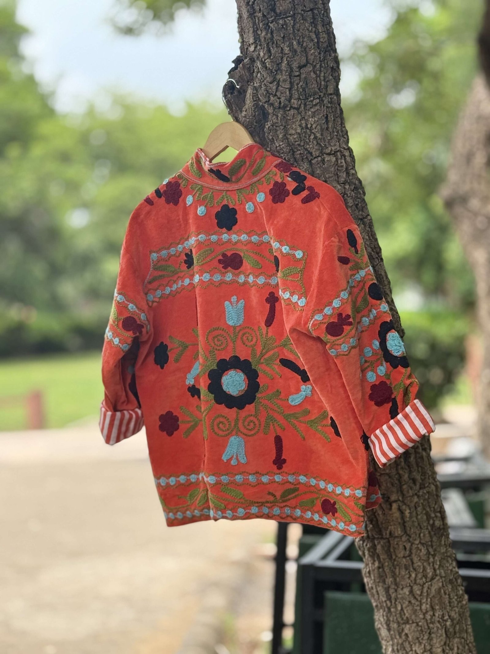 Womens Orange Velvet Embroidered Jacket with Floral Design