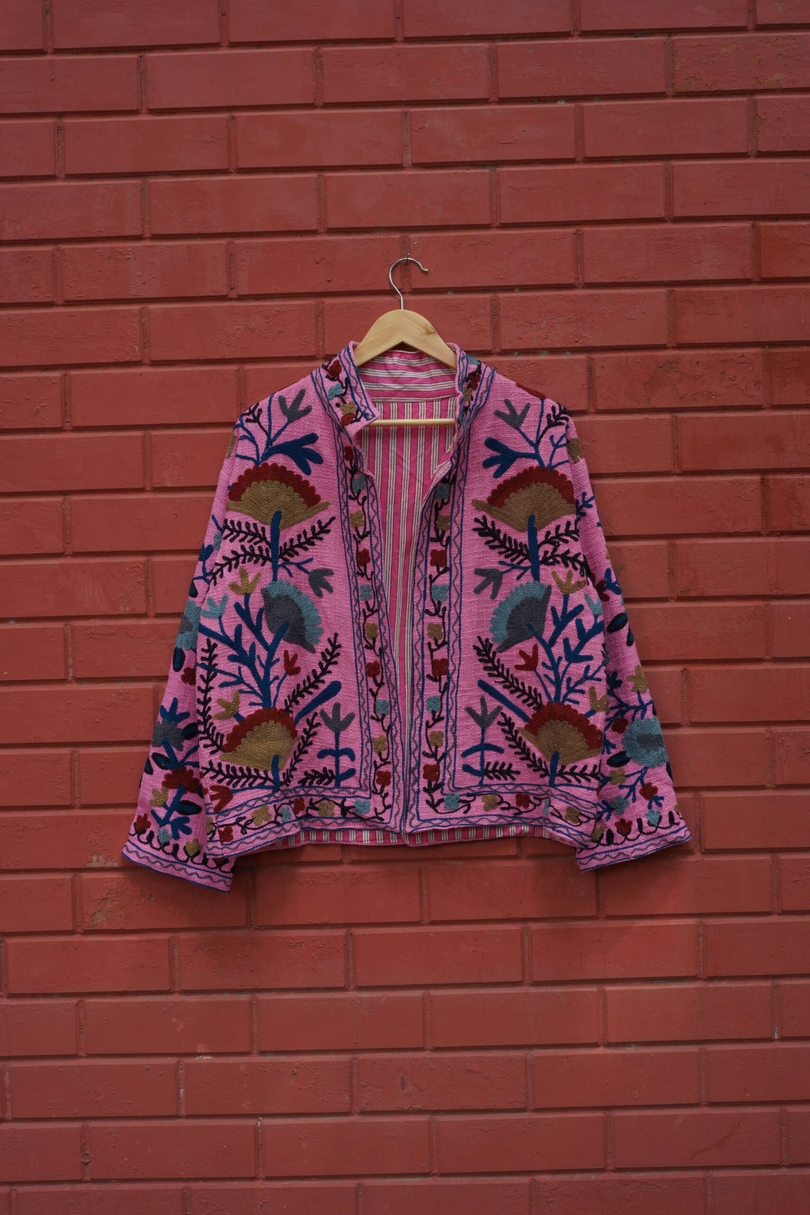Womens Pink Velvet Embroidered Jacket with Floral Design