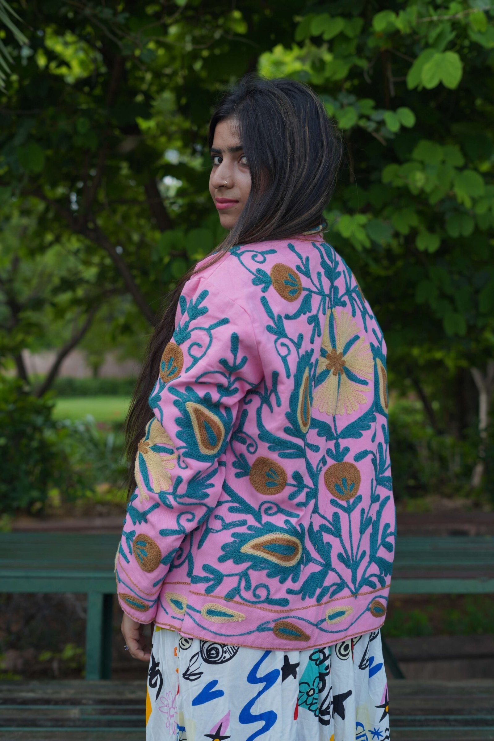 Womens Pink Velvet Embroidered Jacket with Floral Design