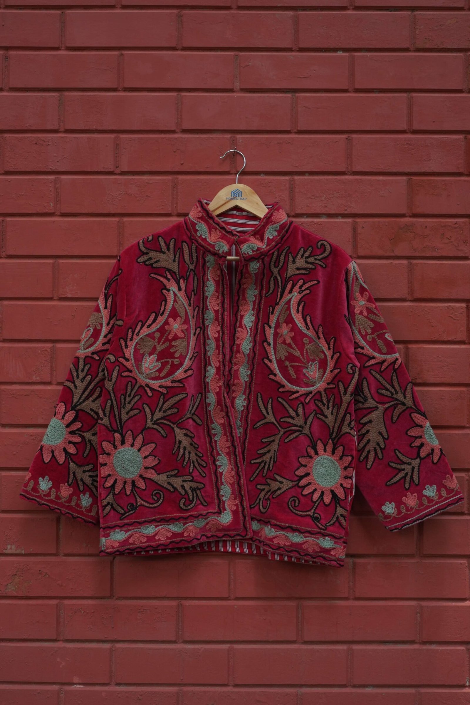 Womens Red Velvet Embroidered Jacket with Floral Design view 6