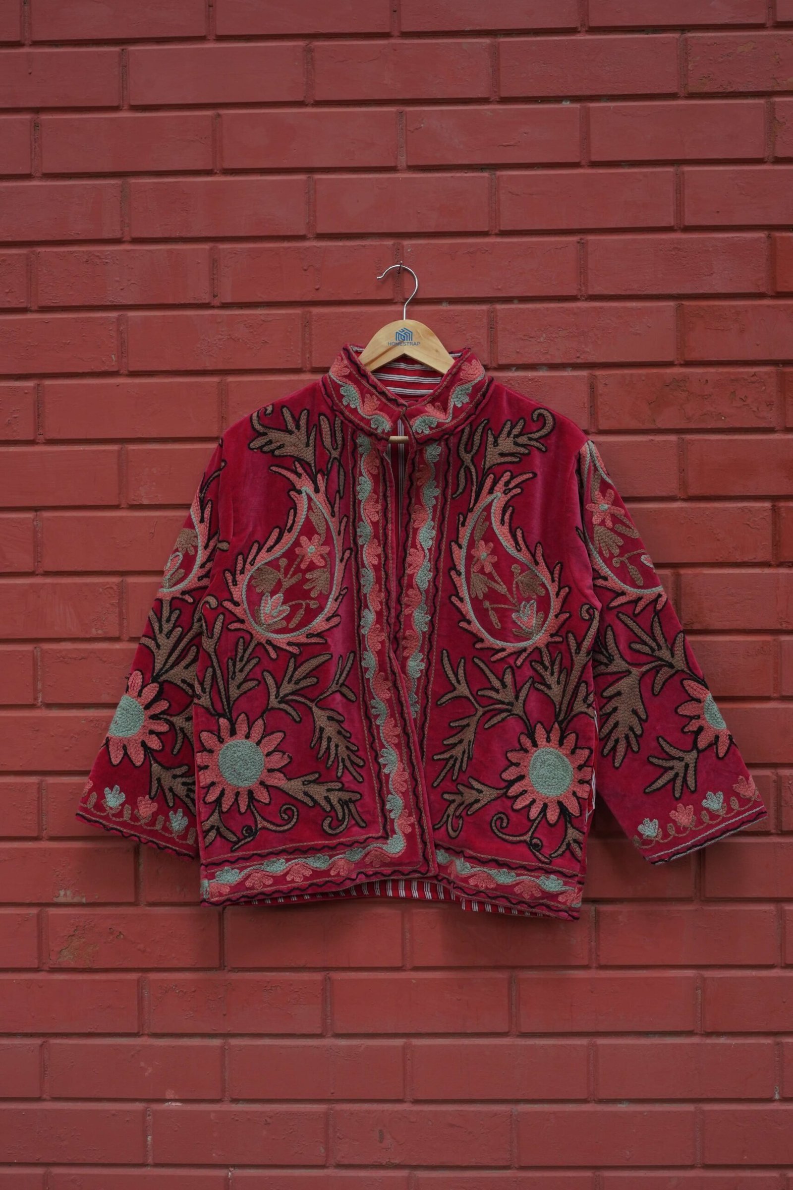 Womens Red Velvet Embroidered Jacket with Floral Design view 8