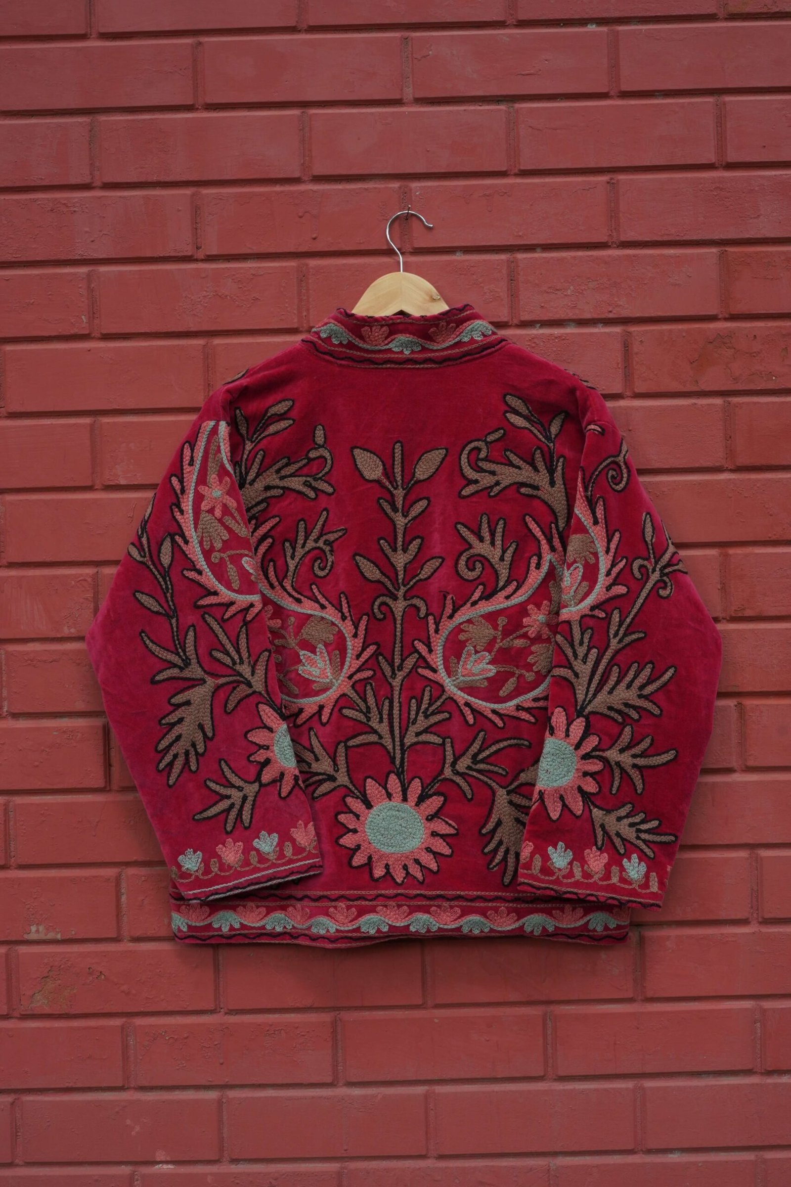 Womens Red Velvet Embroidered Jacket with Floral Design view 3